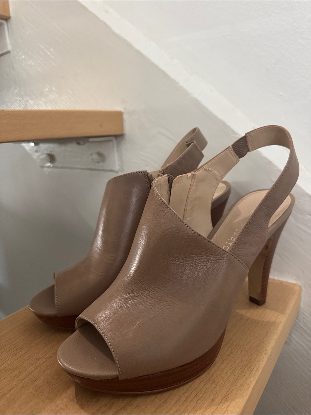 Franco Sarto Taupe Open-Toe Slingback Heels